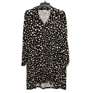 Kim Rogers Tunic Top Knee Length Dress L‎ Black Button Front Animal Print Artsy